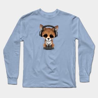 Cute Red Fox Cub Dj Wearing Headphones Long Sleeve T-Shirt